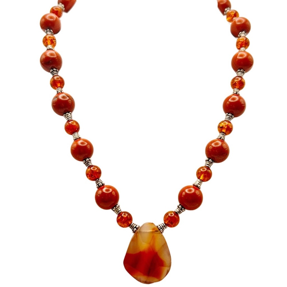 Vintage Sterling Red Jasper Carnelian & Amber Beaded Pendant Necklace